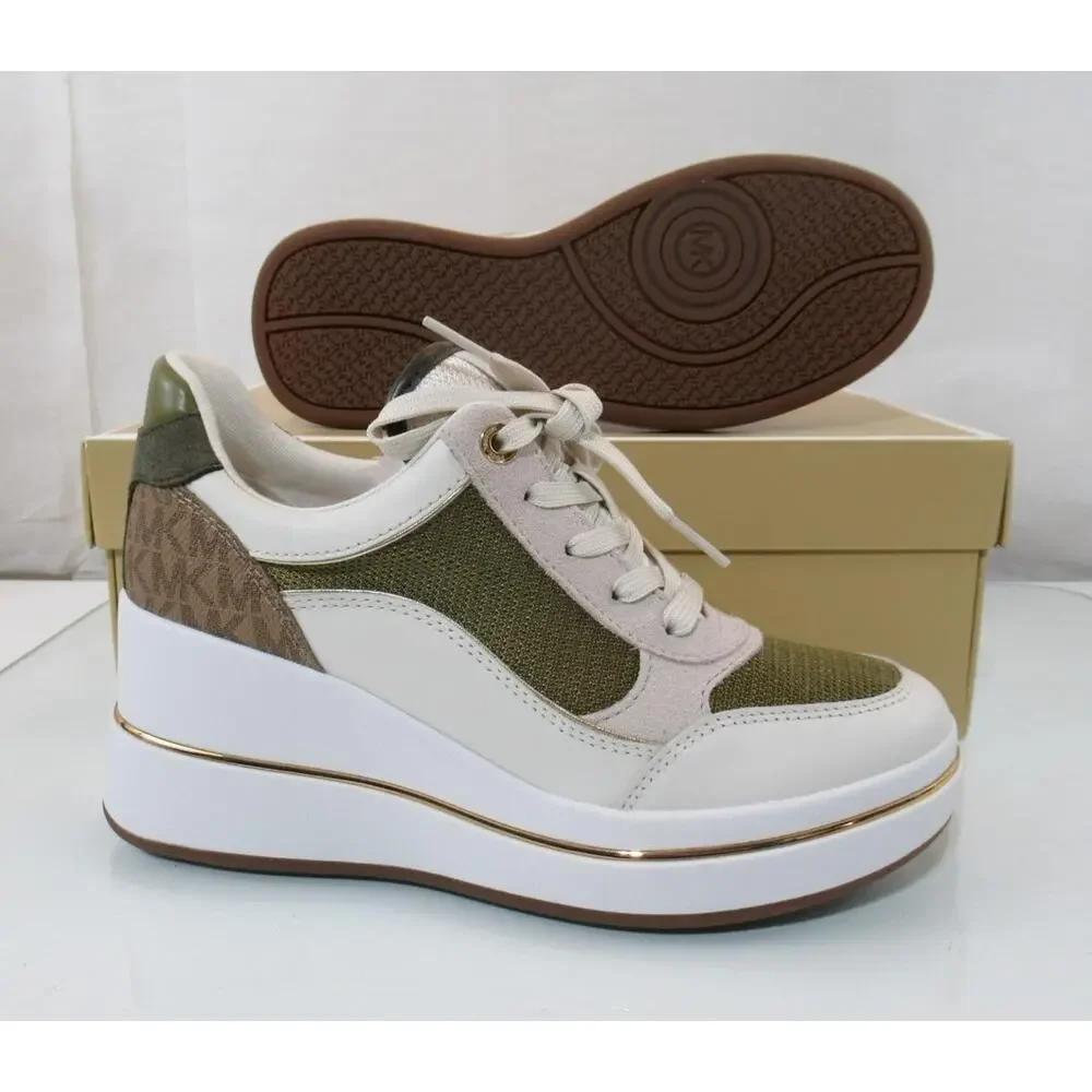 Michael Kors Emmy Wedge Trainer Lace Up Sneakers Leather Husk Multi - Picture 9 of 9